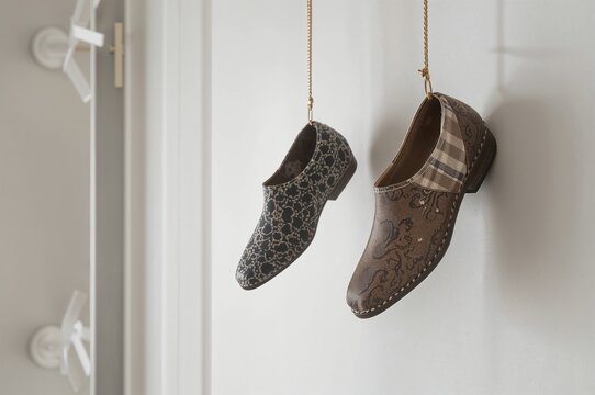 Ornamental woven footwear displayed on a pale surface