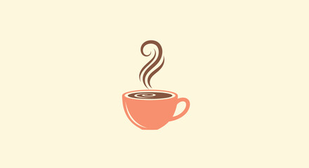 Minimalist illustration of a peach-colored mug with steam rising from the brown liquid