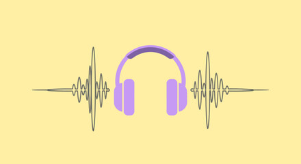 Headphones with a purple-toned design and soundwave illustrations against a yellow background