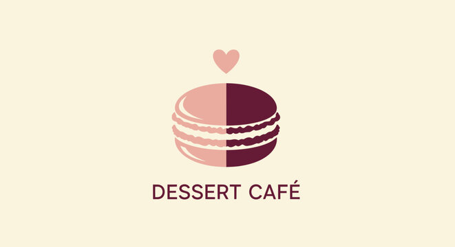 A dessert cafe logo featuring a split-toned macaron with a heart above, and text below