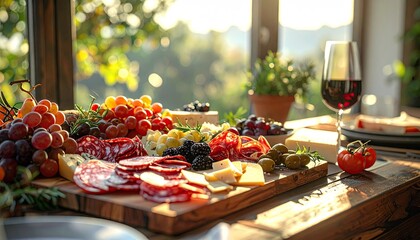 Outdoor Gourmet Cheese And Charcuterie Board With Wine