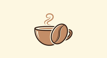 A brown stylized coffee cup and bean with steam on a cream background