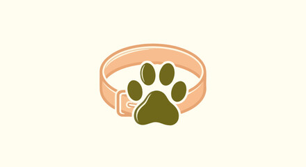 Obraz premium A tan pet collar with a dark olive paw print. Simple design on a cream background