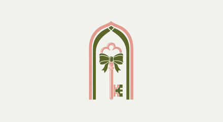 A stylized key graphic inside an archway with a bow, in muted pink and green colors