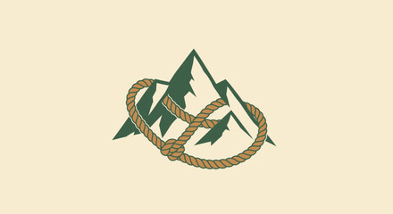 An emblem shows green mountain peaks interwoven by a brown rope in a loop © gudangPIXEL