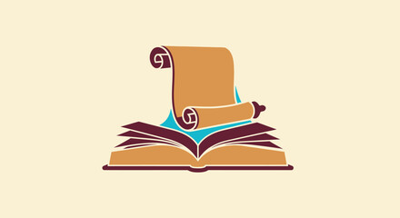 Fototapeta premium A digital depiction of an open book with a scroll emerging, vibrant colors and flat style