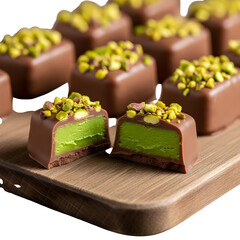 Indulge in luxurious pistachio chocolates, a tempting treat for dessert lovers; ideal for gourmet gifts and sweet promotions with a refined touch.