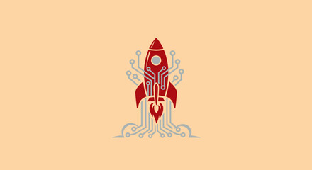 A red rocket ship with circuit board design launching from gray circuits on a beige background