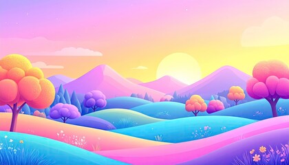 Pastel Landscape with Rolling Hills and Colorful Trees at Sunset