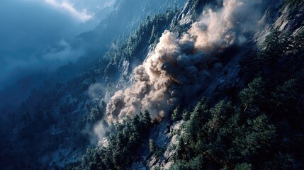Fototapeta premium Massive Landslide and Rockfall Creating Dust Cloud in Green Mountain Valley