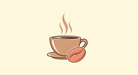 Illustration of a coffee cup with steam, a saucer, and a coffee bean on a light beige background