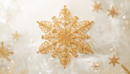 Ornate golden snowflake motif, sparkling snowflake decoration, holiday-themed snowflake design