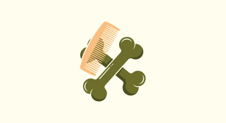 A comb crosses two green bones. The background is a solid, light cream color