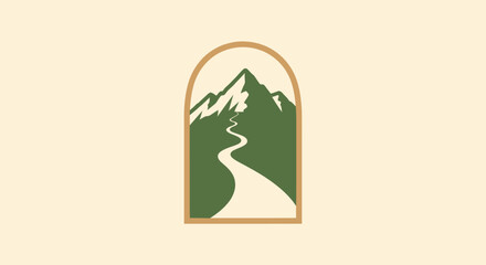 A mountain scene with a winding road inside an arch. It uses earthy tones on a cream background