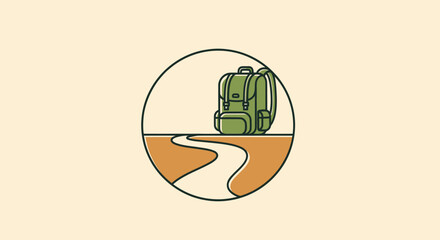 Illustration of a backpack on a winding path, enclosed in a circle. Earthy tones used