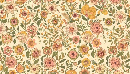 Vintage 1970s Flower Motif Featuring Pink, Yellow, and Green Geometric Blooms. Psychedelic Mid-Century Modern Continuous Design.