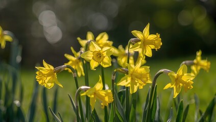 Fototapeta premium Stunning detailed shot of yellow daffodil blooms on a bright spring afternoon