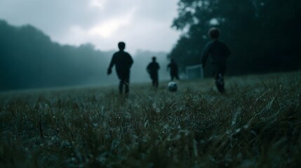 Obraz premium Children playing soccer in a misty rain soaked field under a dramatic overcast sky