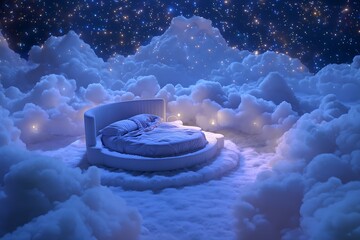 Dreamy bedroom scene with fluffy clouds and starlit skies for peaceful sleep advertising or luxury bedding campaign, evoking tranquility and escape