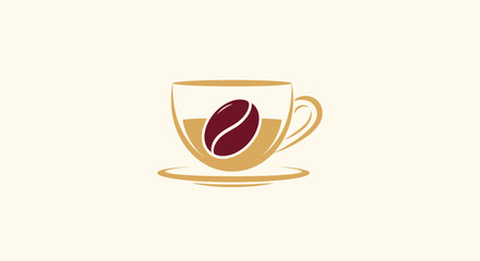 A simple illustration of a coffee cup with a bean inside. Cup is gold on light beige