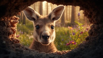 Adorable Kangaroo Peeks Through Small
