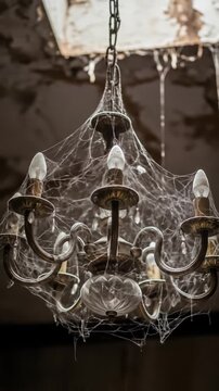 Old Chandelier Covered in Cobwebs in Abandoned Room.