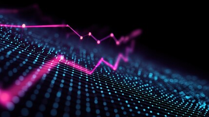 Colorful abstract digital data visualization with glowing dots and connecting lines in dark background representing financial growth and analysis