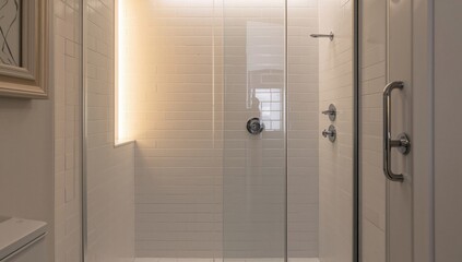 Naklejka premium Bathroom featuring a clear glass shower door and white tiles, equipped with a chrome showerhead and handle.