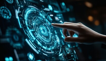 The image shows a person's hand interacting with a screen displaying a complex system of interconnected glowing cyan circles and lines, suggesting advanced technology or a user interface.