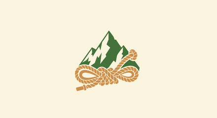 Graphic depicting a mountain with rope. A green mountain with a tan rope in front of a light-cream background