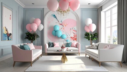 Pastel Pink and Blue Living Room with Balloons