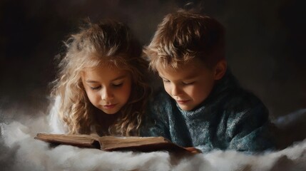 Two young children a boy and a girl engrossed in reading an old book together bathed in soft warm light