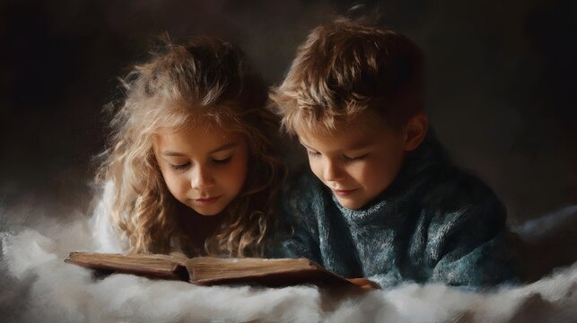 Two young children a boy and a girl engrossed in reading an old book together bathed in soft warm light