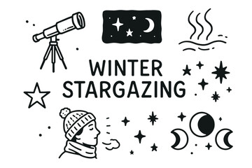 Hand-drawn design featuring winter stargazing elements including a telescope, stars, moon phases, and a warmly dressed person exhaling visible breath.