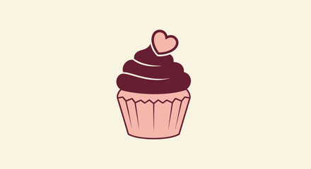 A cupcake illustration with dark frosting, a heart on top, on a light background