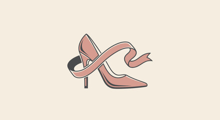 A minimalist illustration shows a stiletto heel wrapped with a ribbon, both in muted tones