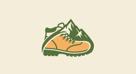 Hiking boot silhouetted against a mountain backdrop, simple graphic, earth tones, flat design