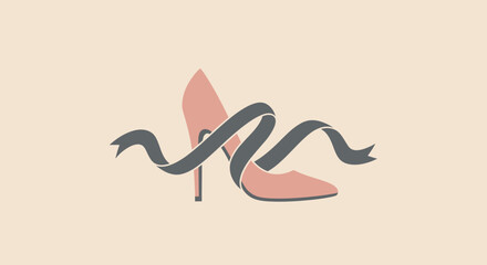Obraz premium A pink high-heeled shoe is intertwined with a dark gray ribbon against a neutral background