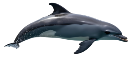 Bottlenose dolphin jumping pose isolated on transparent background, detailed wet skin, natural lighting, clean shadow.