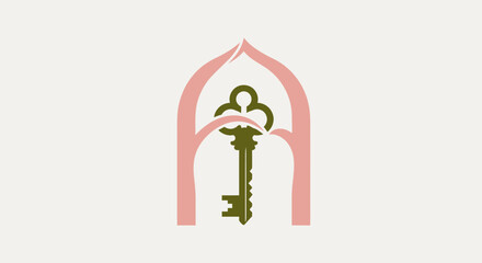 A key logo design with a key inside an arch, in muted pink and olive tones on a white background