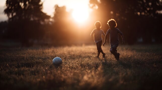 Children playing soccer in a grassy field during a warm sunset with golden light - Powered by Adobe