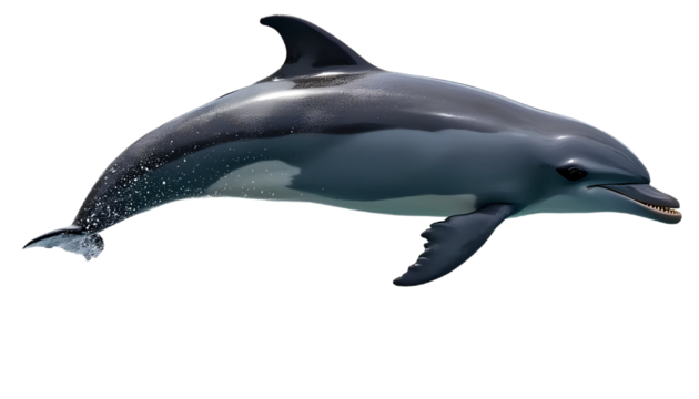 Bottlenose dolphin jumping pose isolated on transparent background, detailed wet skin, natural lighting, clean shadow.