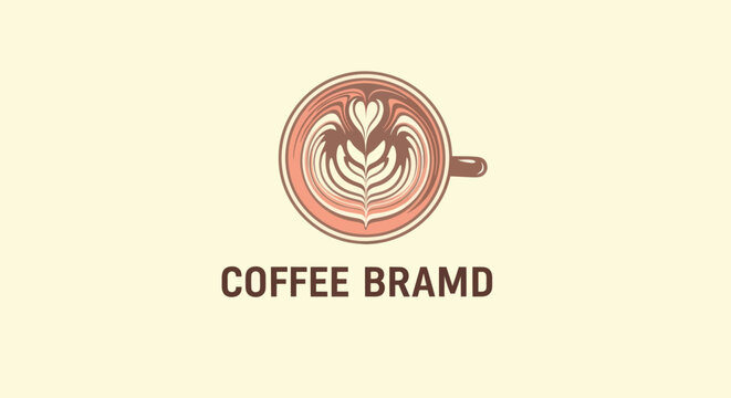 A coffee cup with latte art centered, featuring a heart and leaf design, with "COFFEE BRAMD" below