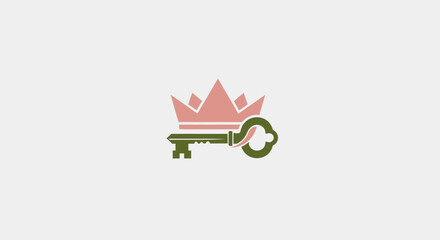 A stylized logo featuring a crown above a key, in muted pink and olive green on a white background