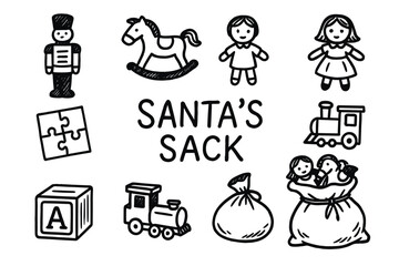 Hand-drawn black doodles of classic toys including dolls, trains, and blocks surrounding the phrase "santa's sack.