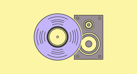 A stylized illustration of a vinyl record beside a speaker against a yellow background