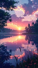 Pink And Orange Sunset Over Calm Lake