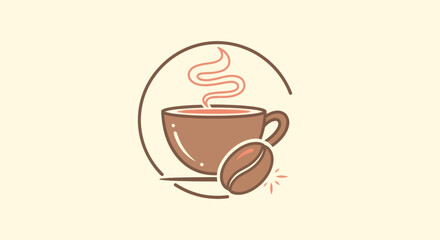 A stylized coffee cup with steam, a coffee bean, and a surrounding circle on a cream background