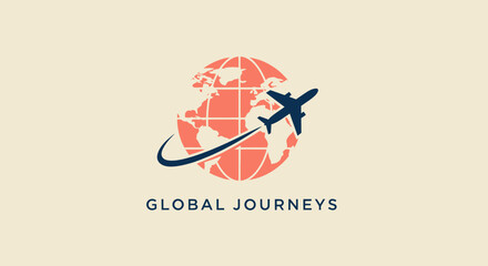 A globe encircled by a plane's path, "Global Journeys" below. Colors coral, blue on cream