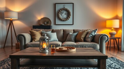 A cozy living room is bathed in warm light with a lantern on a dark wooden coffee table in front of a comfortable sofa with decorative pillows and art piece.